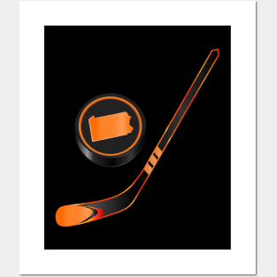 NHL - PA Black Orange Stick and Puck Posters and Art